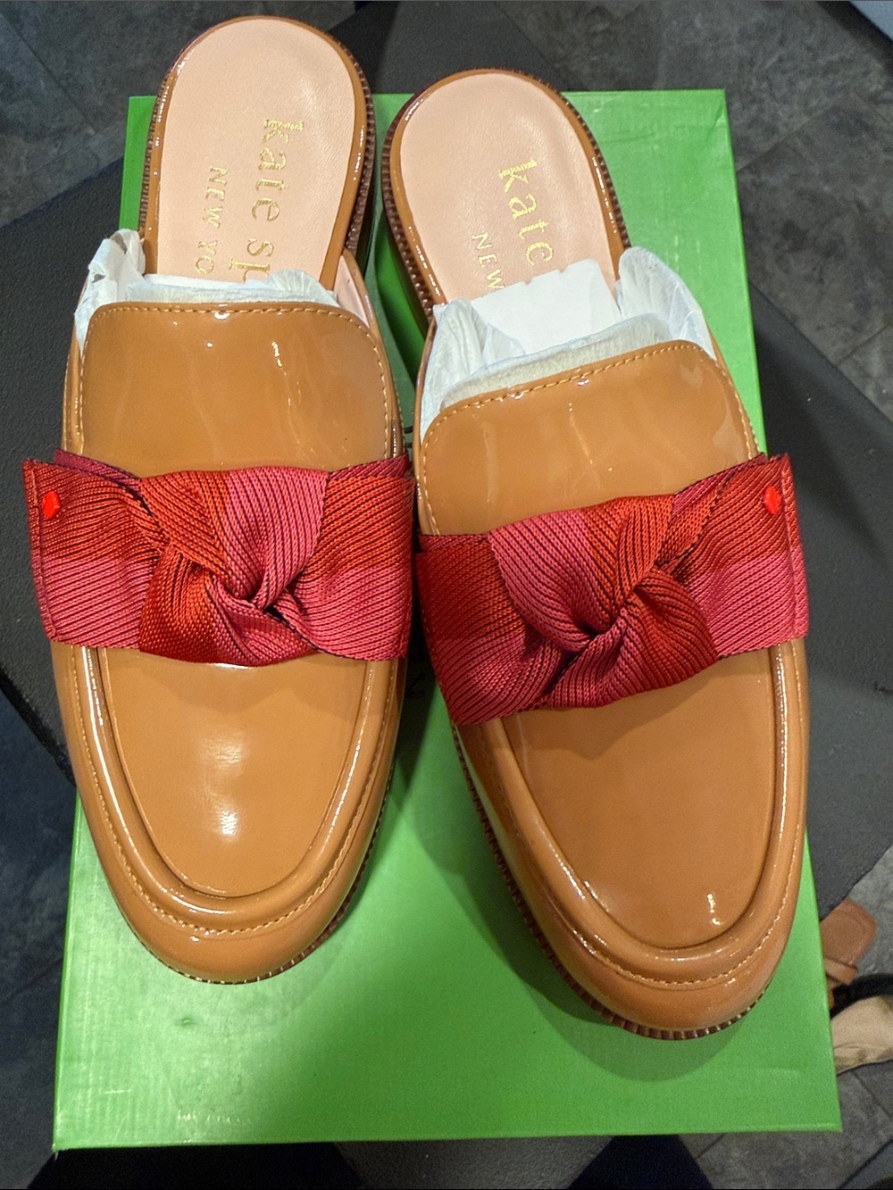kate spade Tan Patent Leather Leandra Slide Mules with Red and Pink Bow Accent